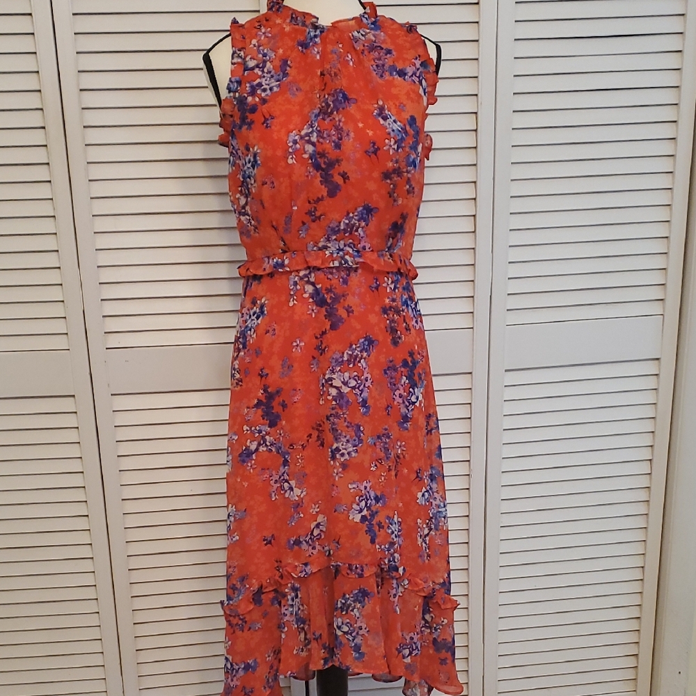Donna Ricco New York Orange and Blue Floral Coquette Dress, Size 2